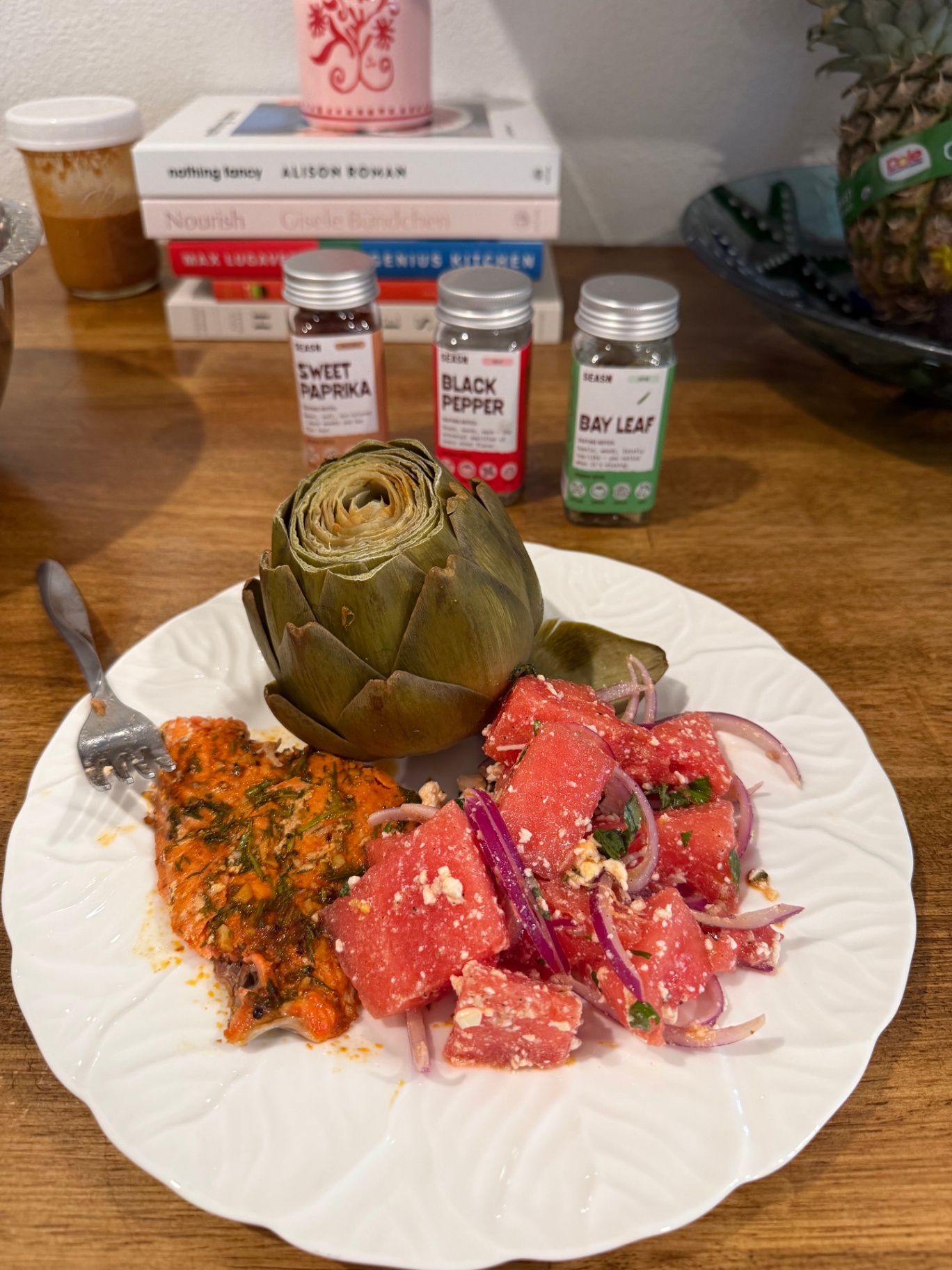 Harissa salmon, artichoke & watermelon-feta