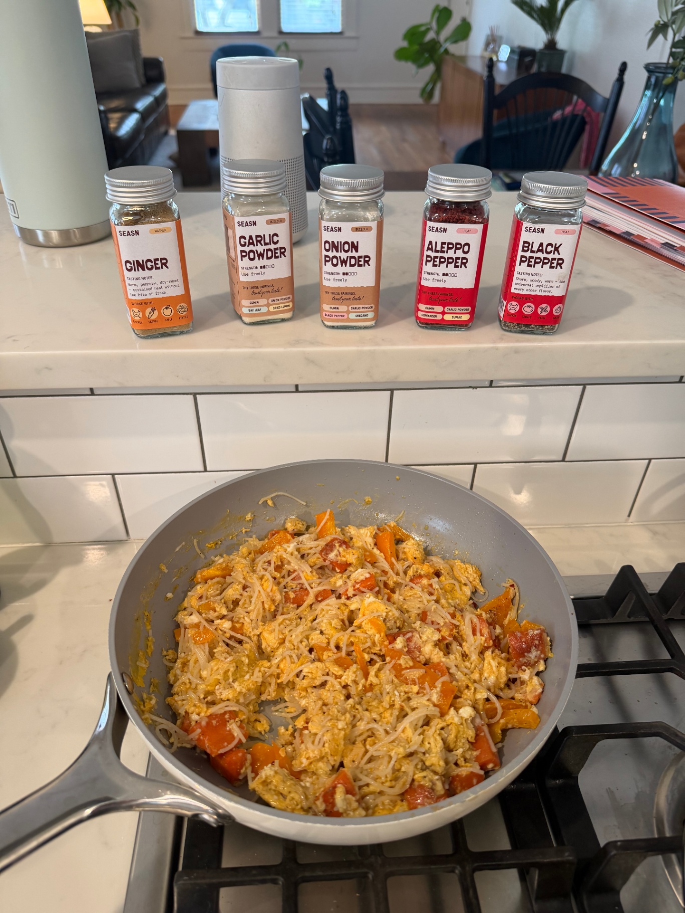 Aleppo egg & rice-noodle scramble
