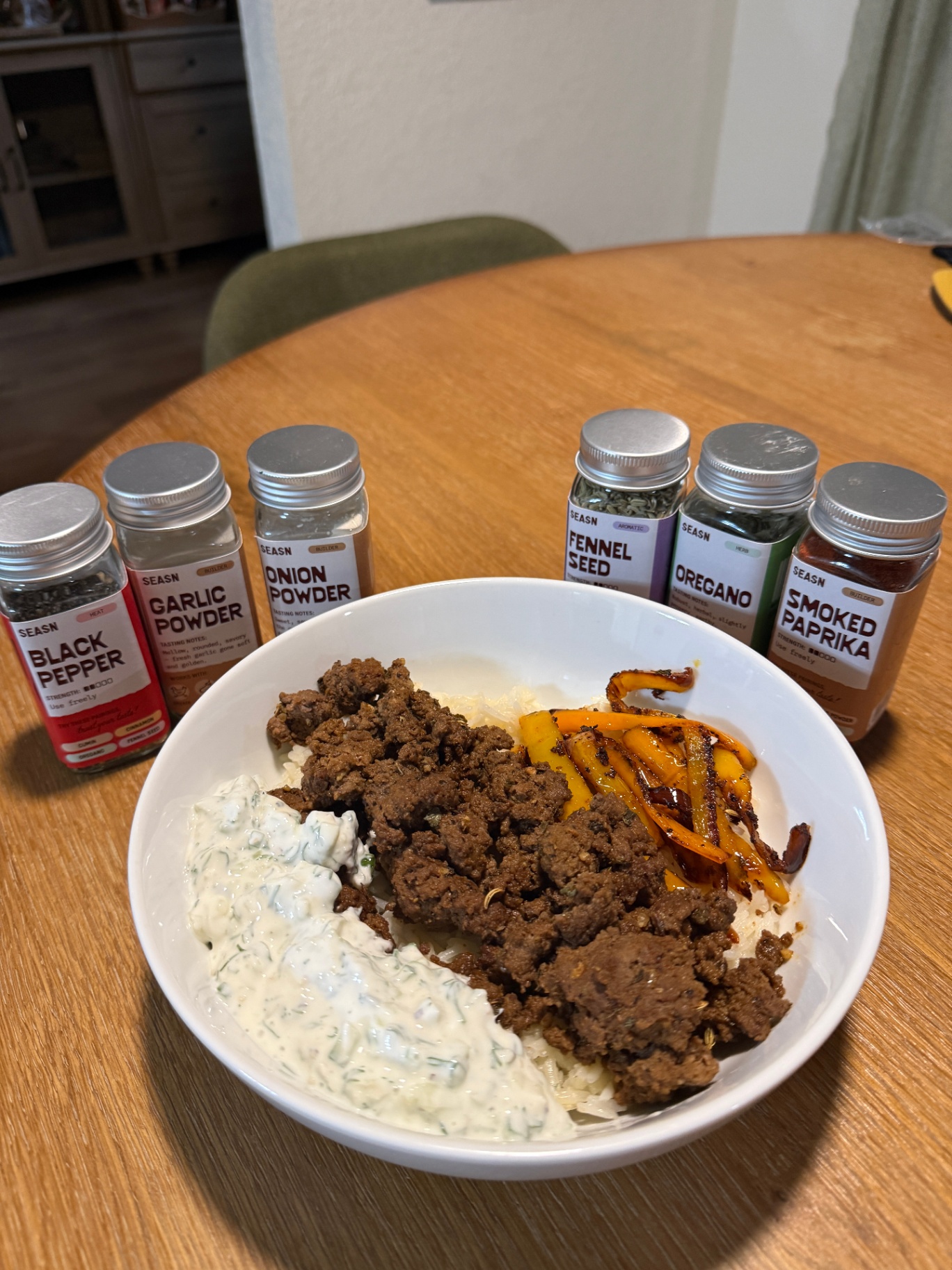 Spiced beef rice bowl with tzatziki
